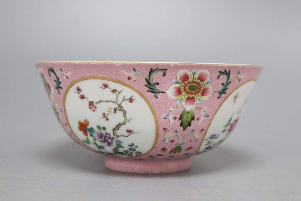 A Chinese pink ground medallion bowl, Qianlong mark but later, diameter 15cm